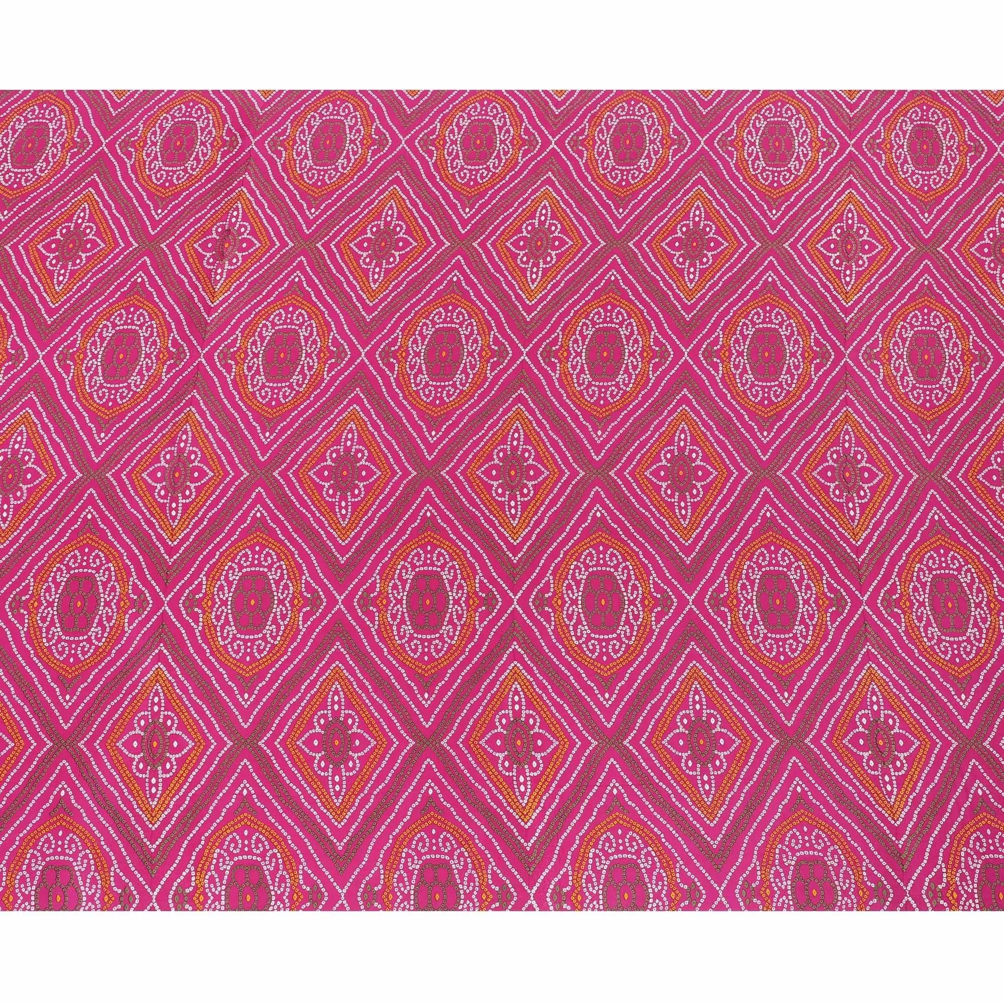 Magenta pink silk crepe fabric with olive green, white and mustard print in abstract design-D6427