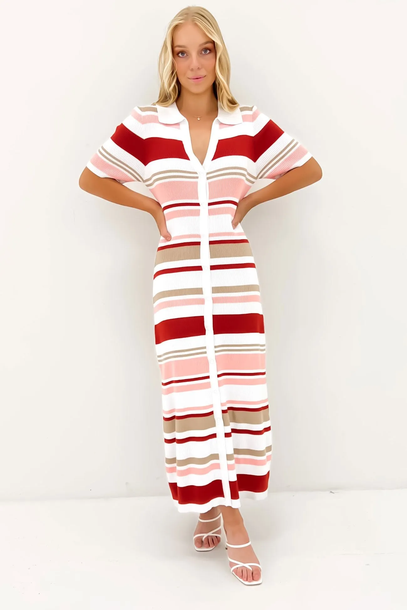 Marguerite Snap-Front Knit Midi Dress Pink Red Stripe