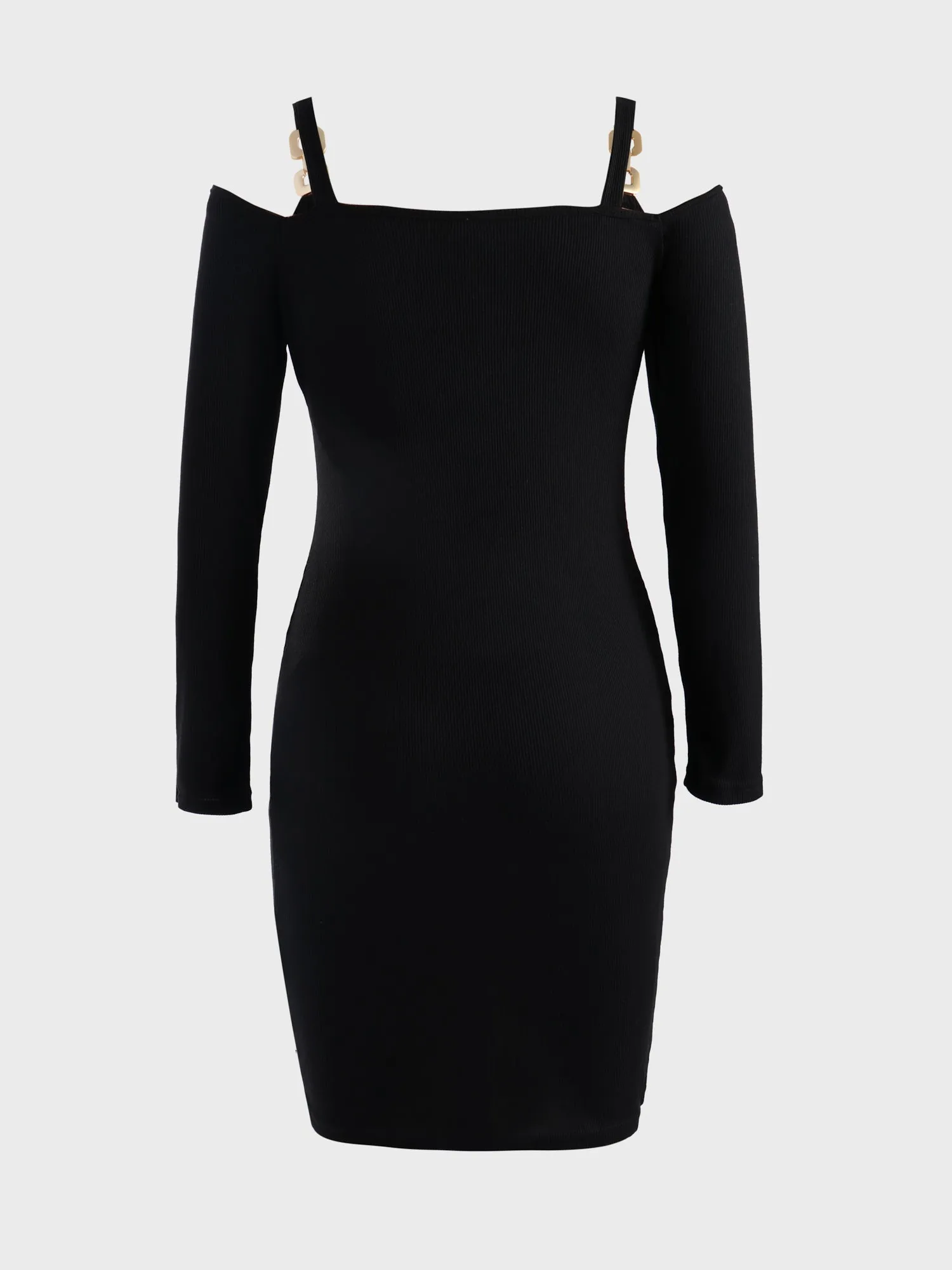 Midsize Deep-V Ribbed Knitted Long Sleeve Dress