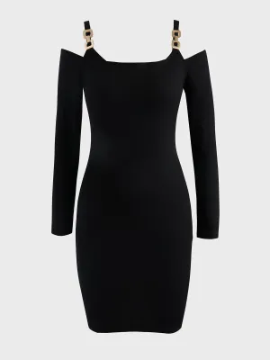 Midsize Deep-V Ribbed Knitted Long Sleeve Dress