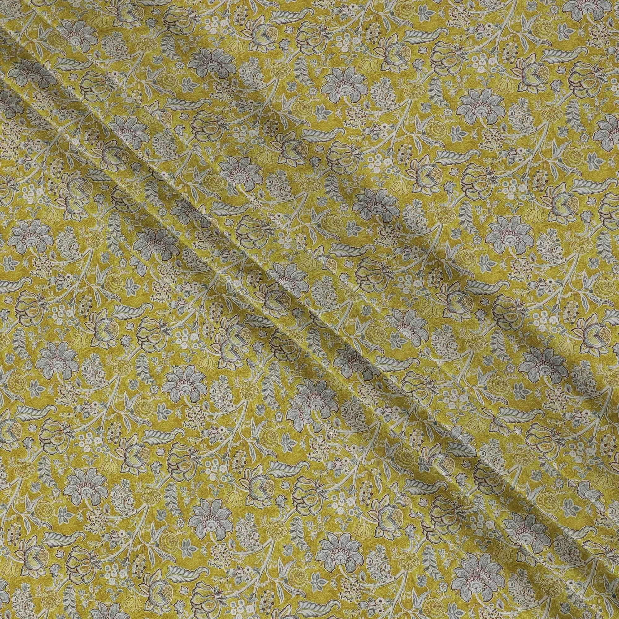 Olive green synthetic crepe fabric with grey and maroon digital prints in floral design-D15780