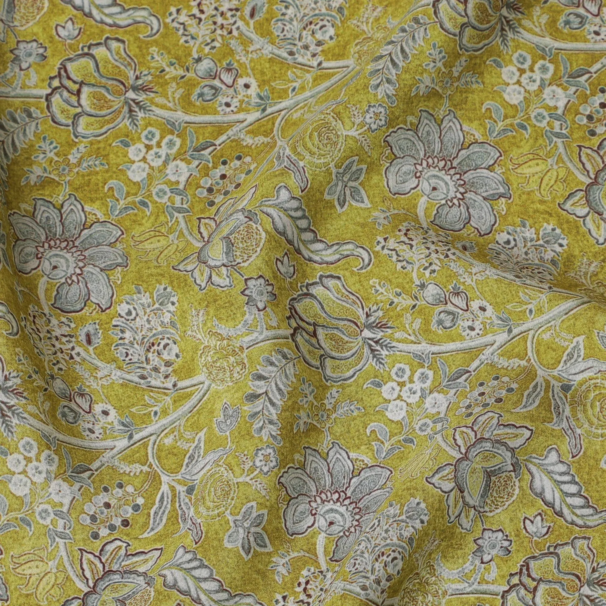 Olive green synthetic crepe fabric with grey and maroon digital prints in floral design-D15780