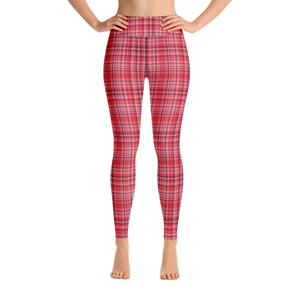 Red White Plaid Yoga Leggings, Scottish Style Tartan Printed Long Women's Yoga Pants-Made in USA/EU