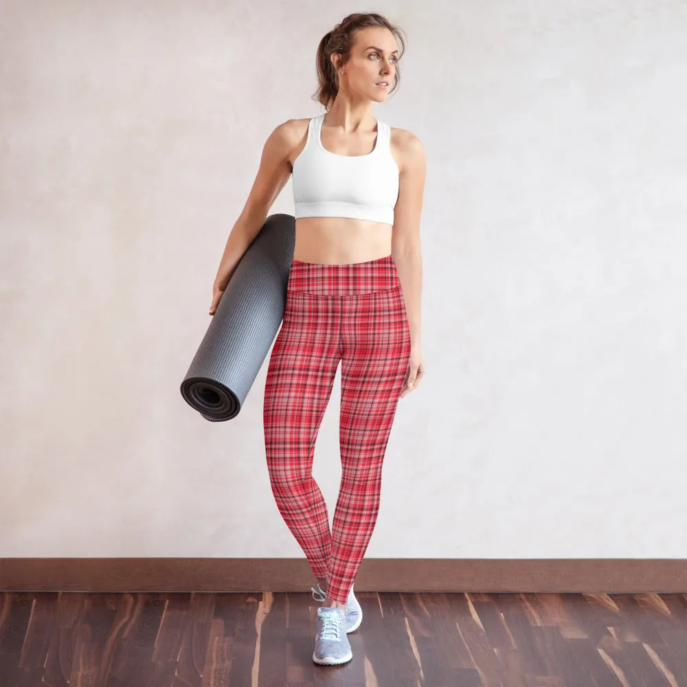 Red White Plaid Yoga Leggings, Scottish Style Tartan Printed Long Women's Yoga Pants-Made in USA/EU