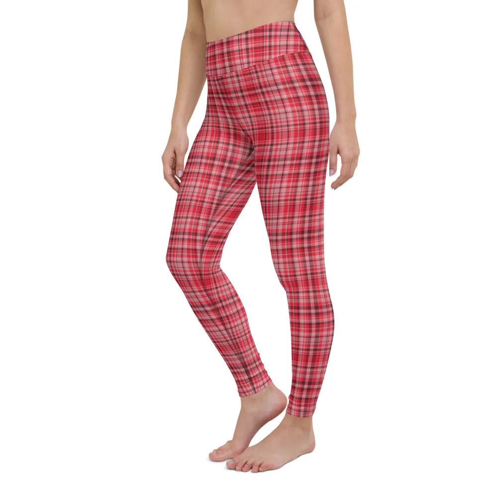 Red White Plaid Yoga Leggings, Scottish Style Tartan Printed Long Women's Yoga Pants-Made in USA/EU