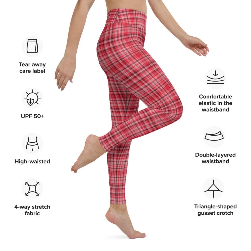 Red White Plaid Yoga Leggings, Scottish Style Tartan Printed Long Women's Yoga Pants-Made in USA/EU
