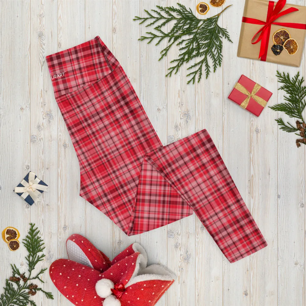 Red White Plaid Yoga Leggings, Scottish Style Tartan Printed Long Women's Yoga Pants-Made in USA/EU