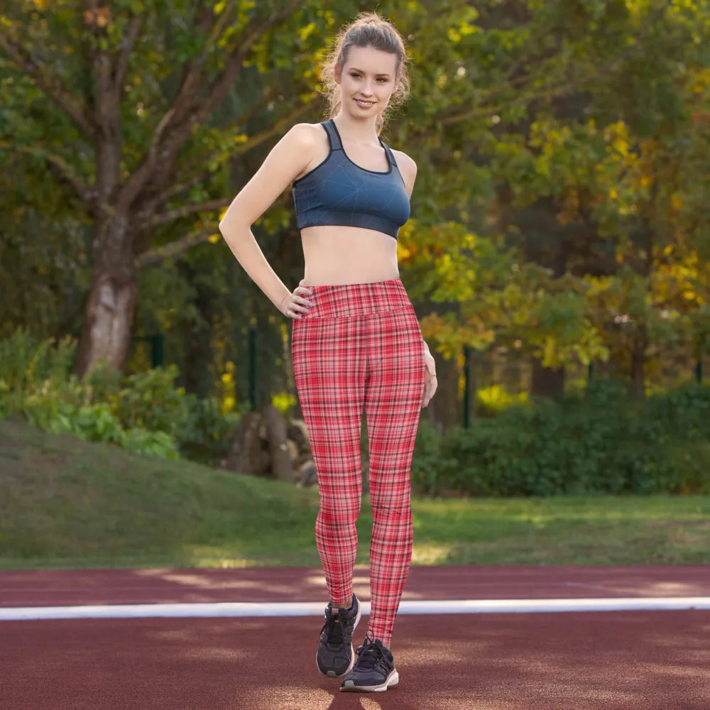 Red White Plaid Yoga Leggings, Scottish Style Tartan Printed Long Women's Yoga Pants-Made in USA/EU