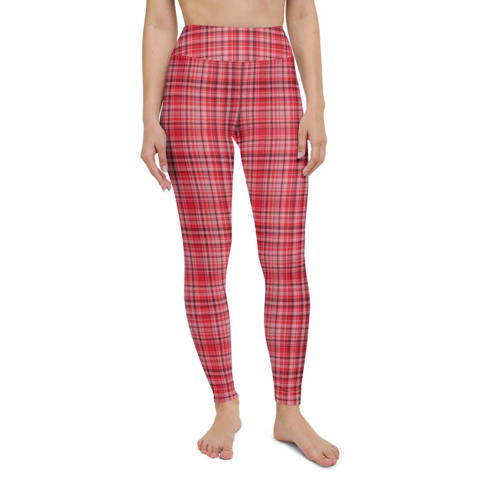 Red White Plaid Yoga Leggings, Scottish Style Tartan Printed Long Women's Yoga Pants-Made in USA/EU