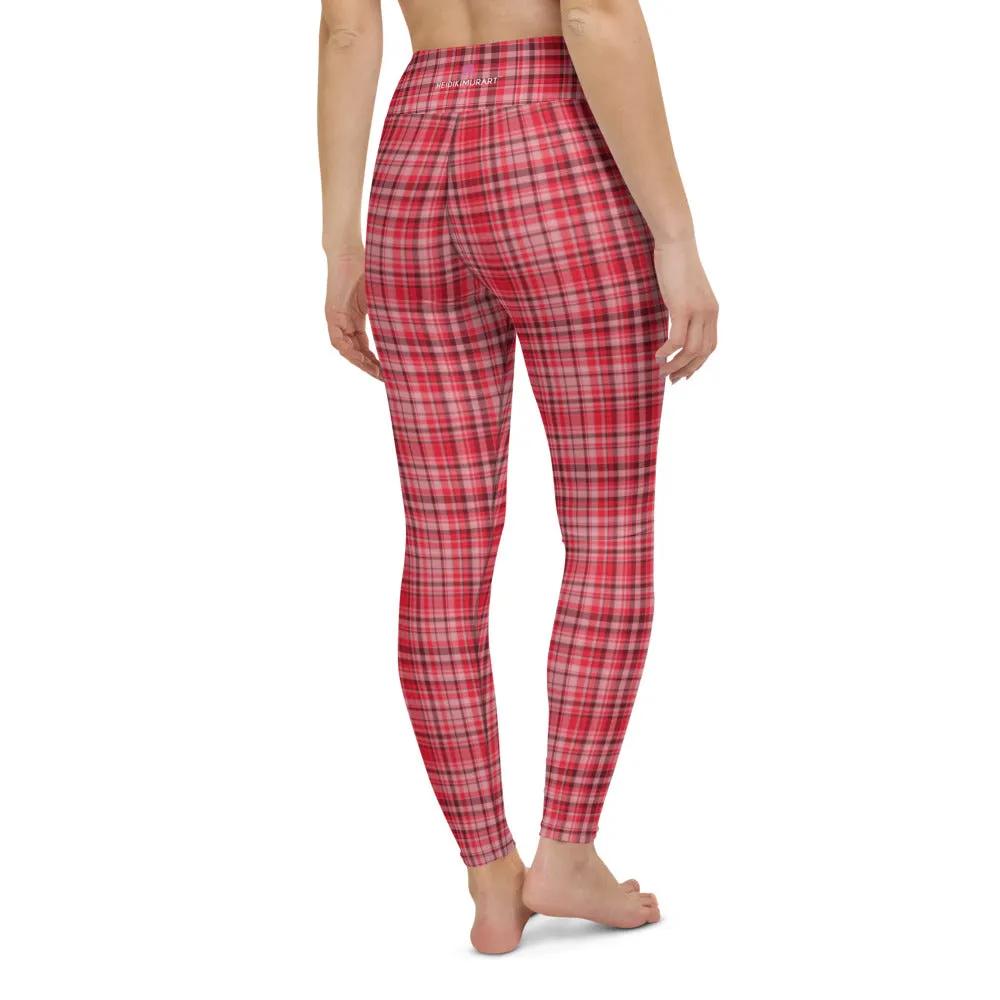Red White Plaid Yoga Leggings, Scottish Style Tartan Printed Long Women's Yoga Pants-Made in USA/EU
