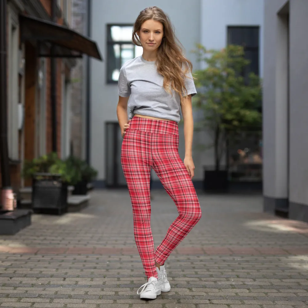 Red White Plaid Yoga Leggings, Scottish Style Tartan Printed Long Women's Yoga Pants-Made in USA/EU