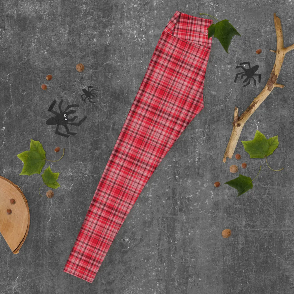 Red White Plaid Yoga Leggings, Scottish Style Tartan Printed Long Women's Yoga Pants-Made in USA/EU