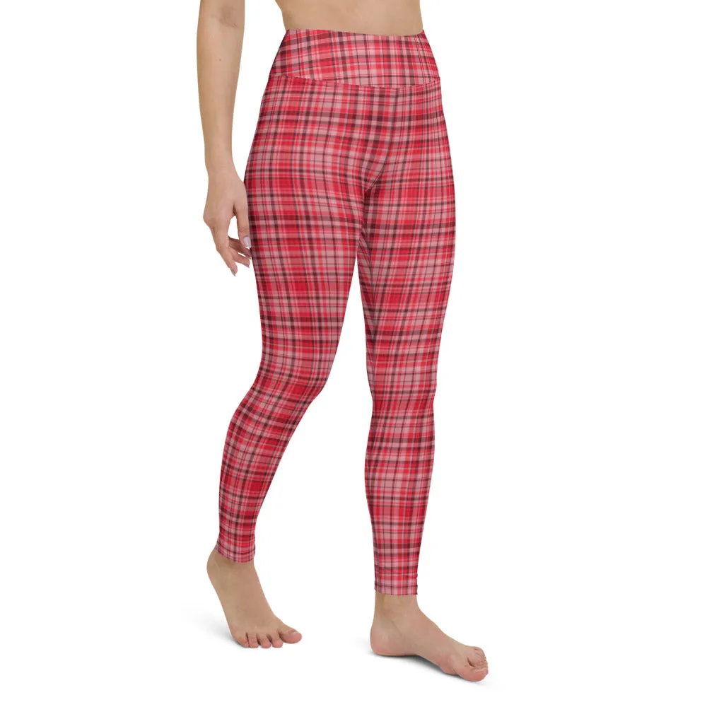 Red White Plaid Yoga Leggings, Scottish Style Tartan Printed Long Women's Yoga Pants-Made in USA/EU