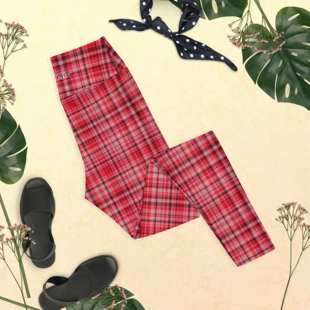 Red White Plaid Yoga Leggings, Scottish Style Tartan Printed Long Women's Yoga Pants-Made in USA/EU