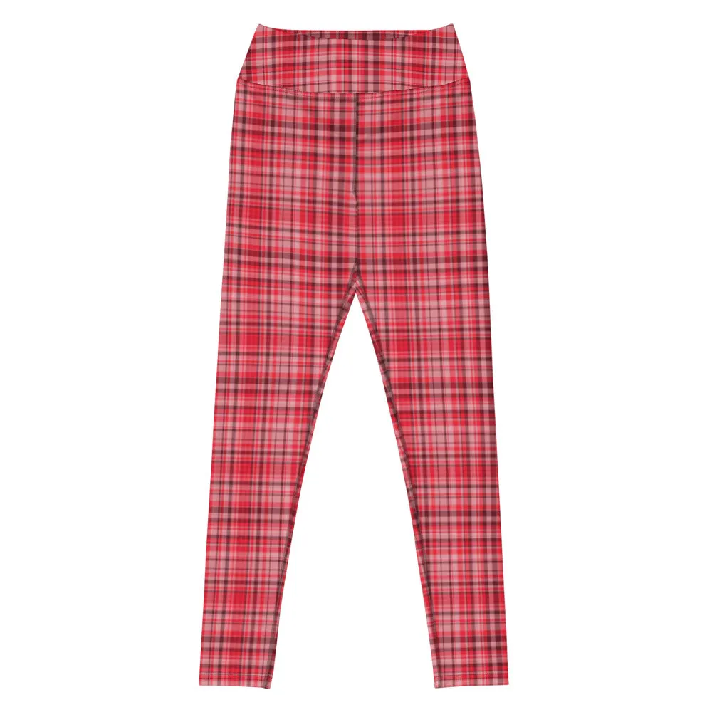 Red White Plaid Yoga Leggings, Scottish Style Tartan Printed Long Women's Yoga Pants-Made in USA/EU