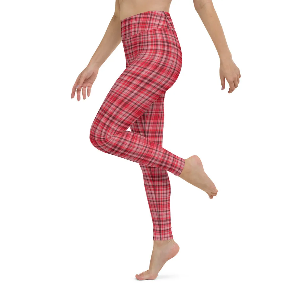 Red White Plaid Yoga Leggings, Scottish Style Tartan Printed Long Women's Yoga Pants-Made in USA/EU