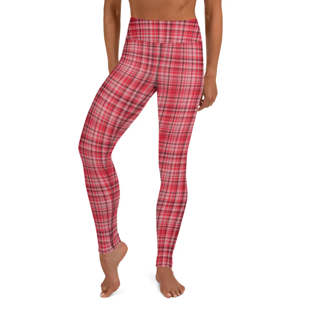 Red White Plaid Yoga Leggings, Scottish Style Tartan Printed Long Women's Yoga Pants-Made in USA/EU