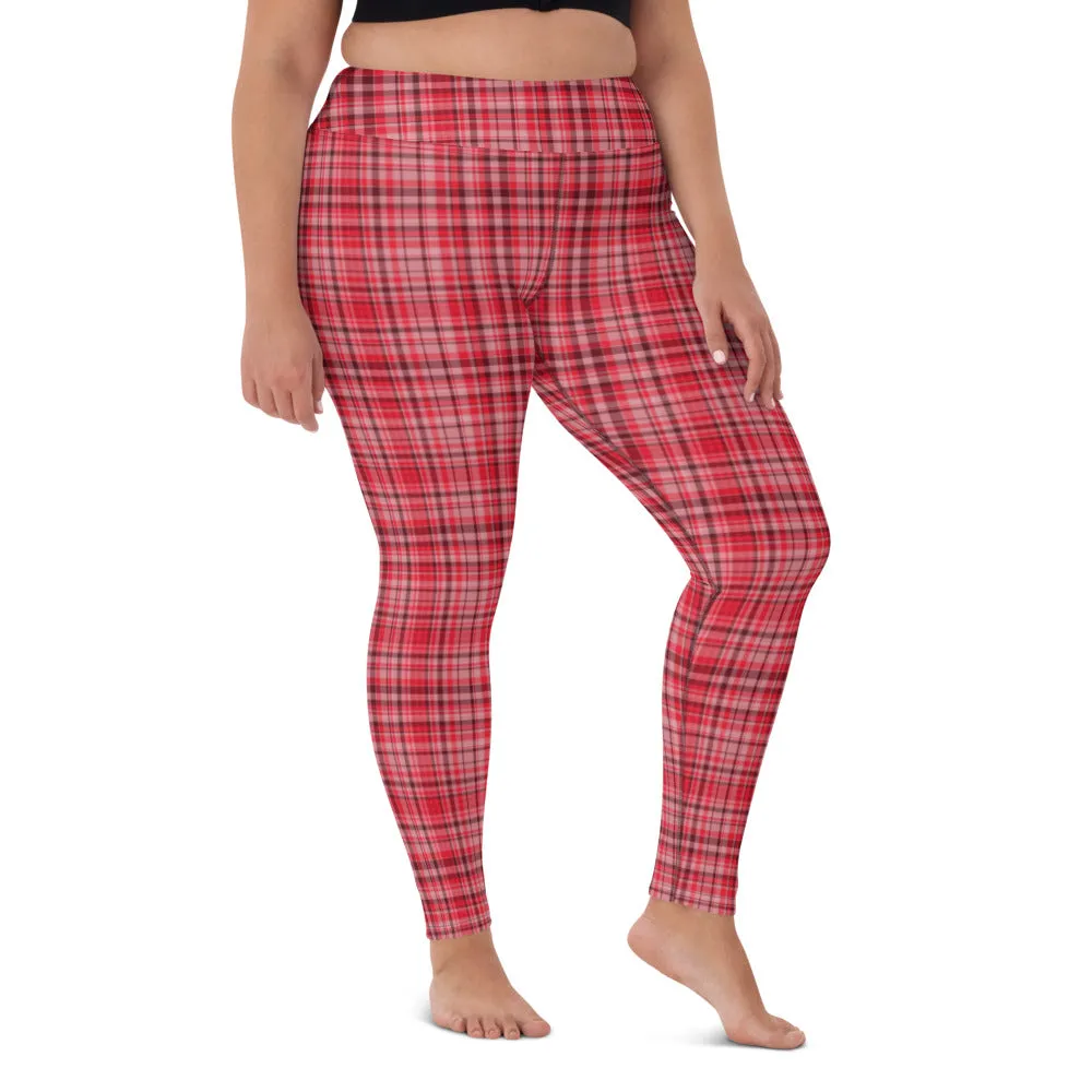 Red White Plaid Yoga Leggings, Scottish Style Tartan Printed Long Women's Yoga Pants-Made in USA/EU