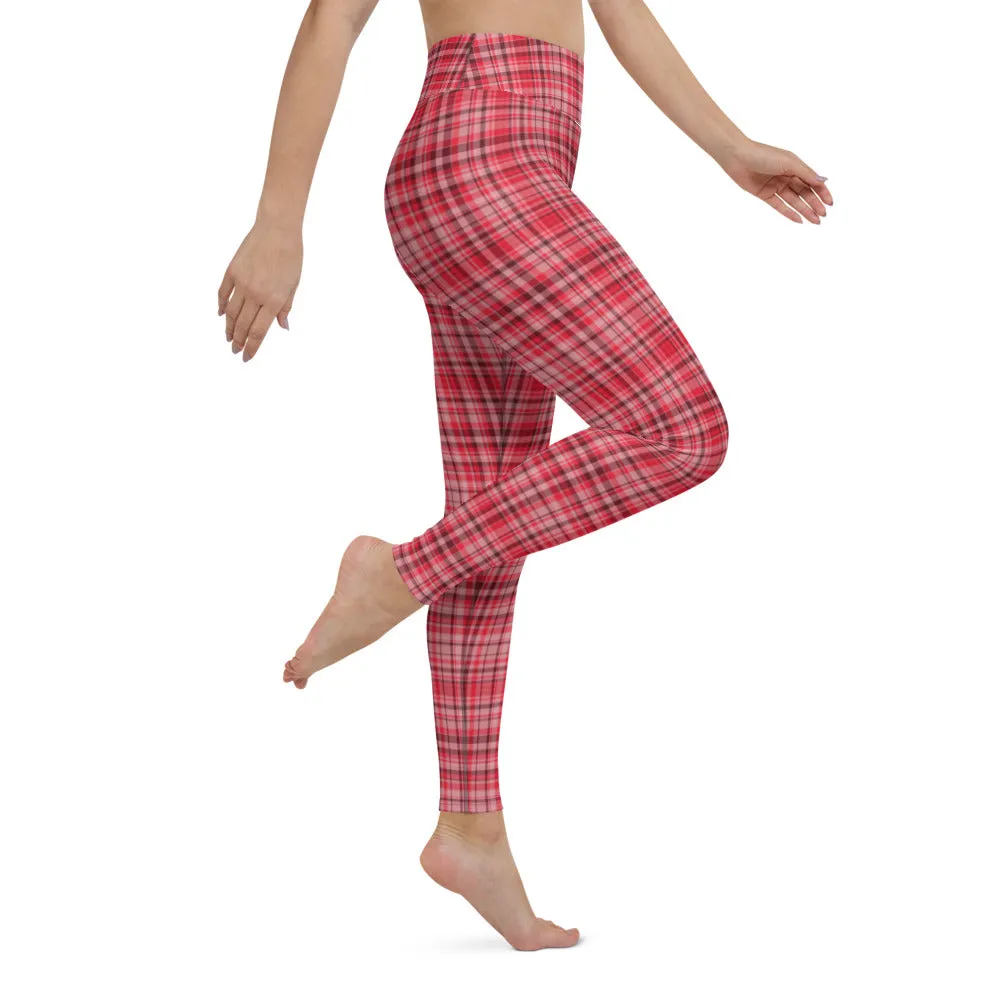Red White Plaid Yoga Leggings, Scottish Style Tartan Printed Long Women's Yoga Pants-Made in USA/EU