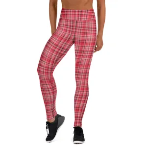 Red White Plaid Yoga Leggings, Scottish Style Tartan Printed Long Women's Yoga Pants-Made in USA/EU