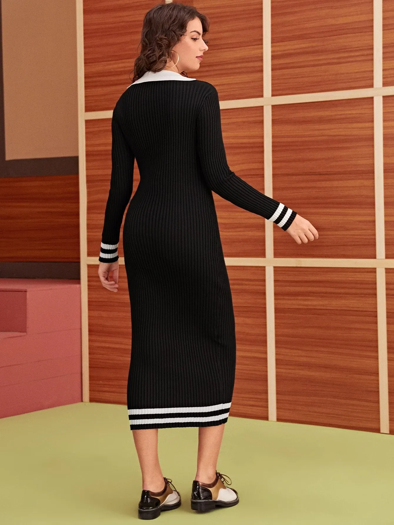 Ribbed Knit Striped Jumper Dress
