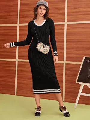 Ribbed Knit Striped Jumper Dress