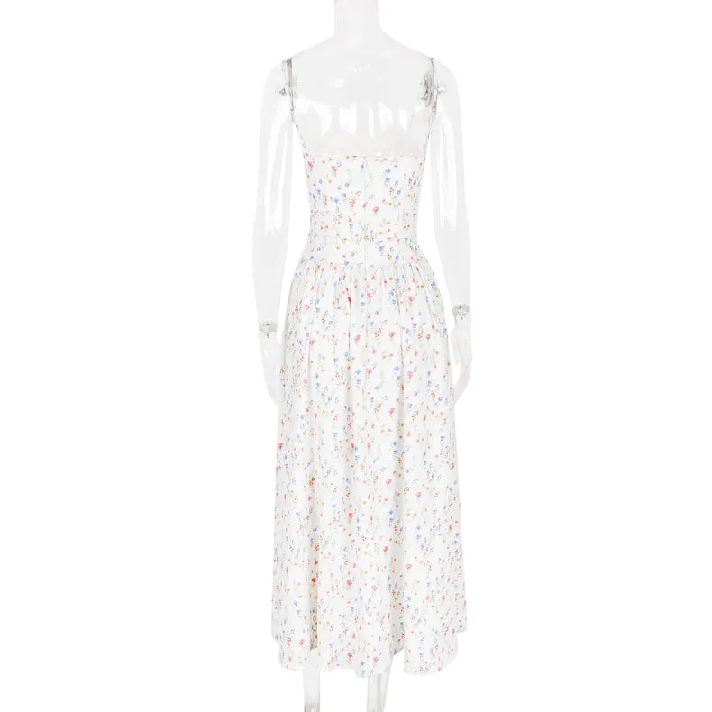 Summer Sexy Floral Print Cinched Waist Strap Maxi Dress)