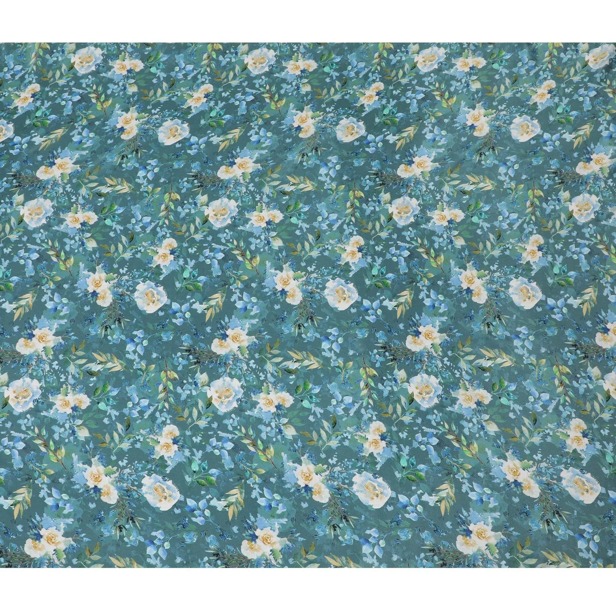 Teal blue viscose crepe fabric with multicolor print in floral design-D13813