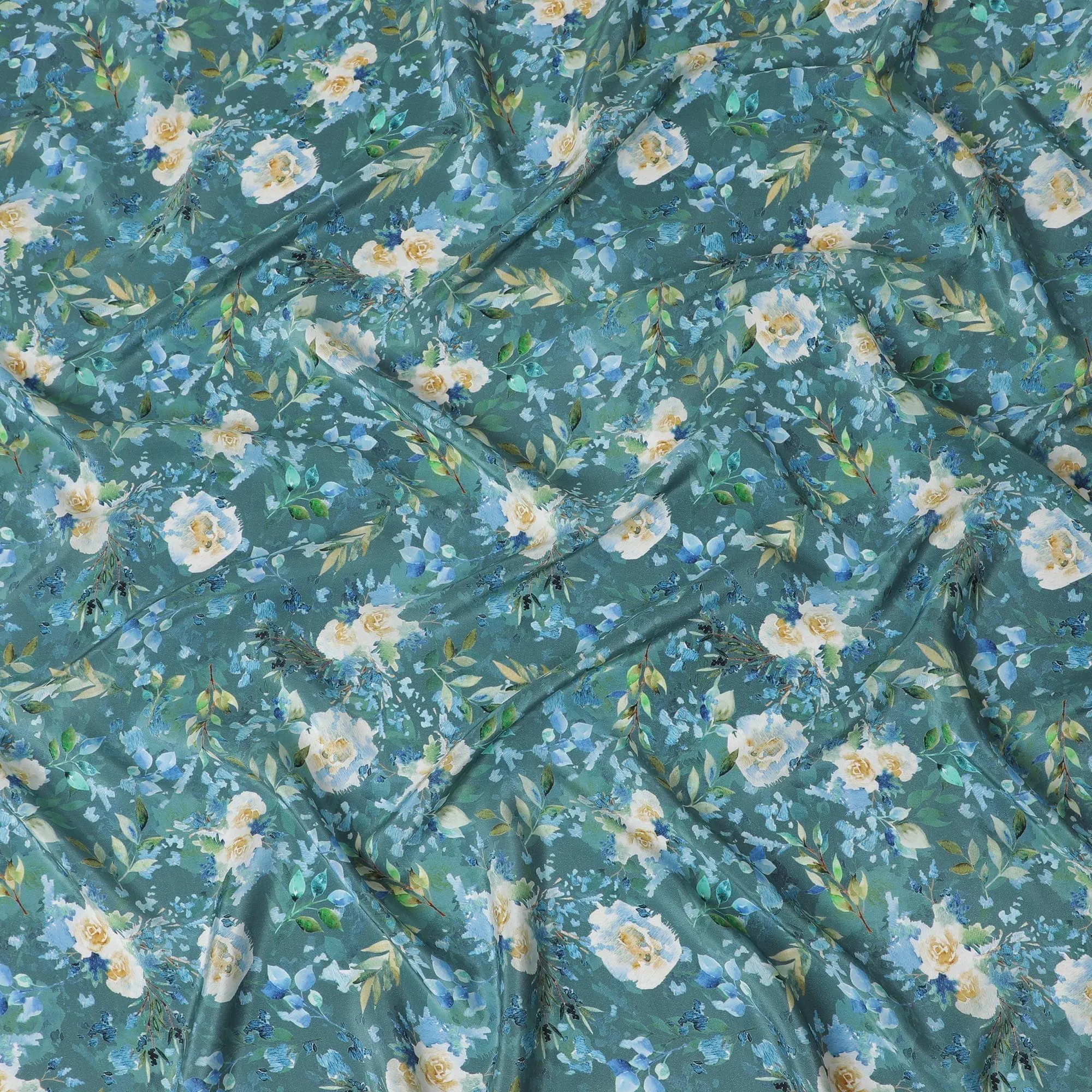 Teal blue viscose crepe fabric with multicolor print in floral design-D13813
