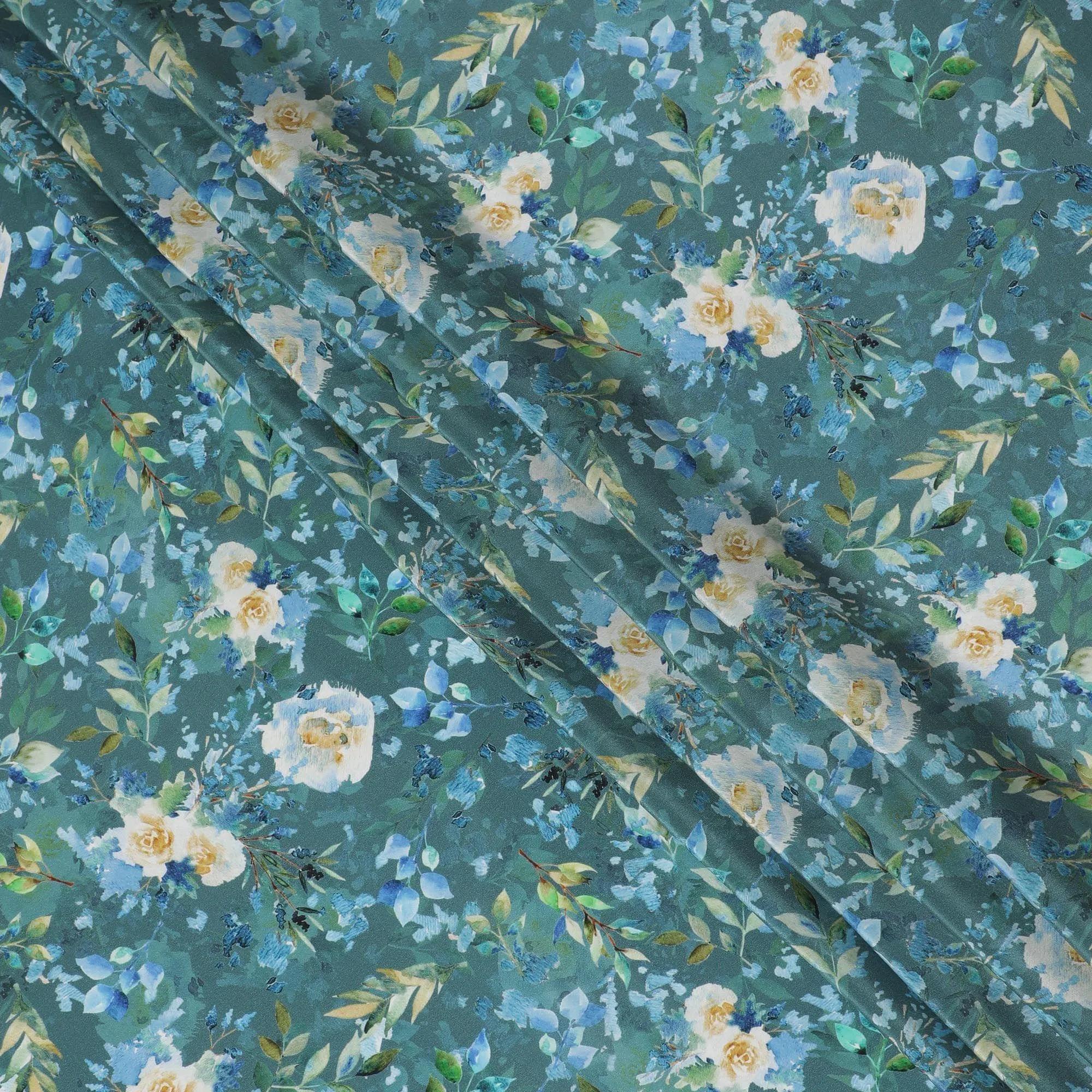 Teal blue viscose crepe fabric with multicolor print in floral design-D13813