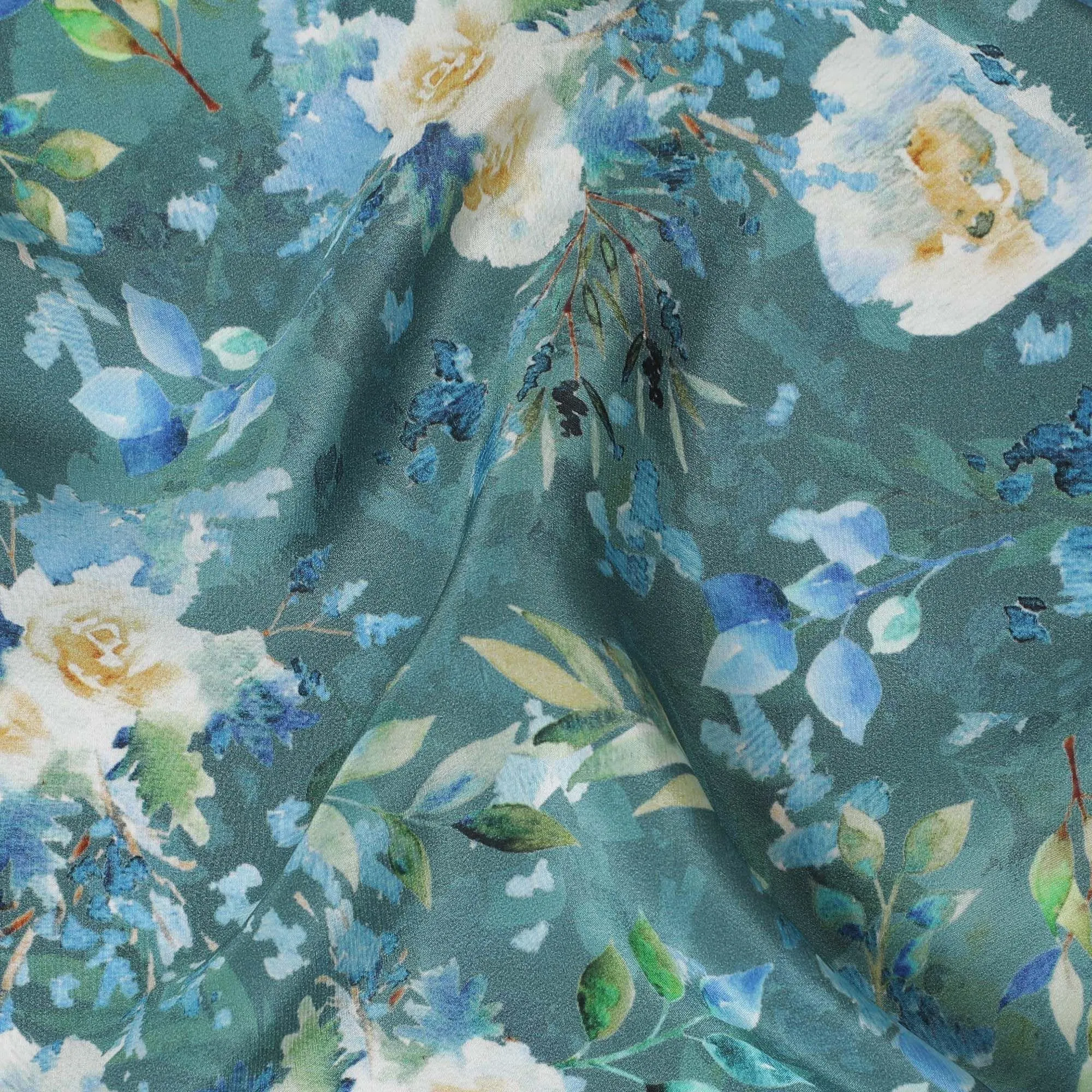Teal blue viscose crepe fabric with multicolor print in floral design-D13813