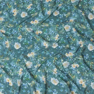Teal blue viscose crepe fabric with multicolor print in floral design-D13813