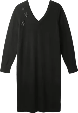 The White Company Black Wool/cotton Blend Embellished Star Party Knit Dress UK 8