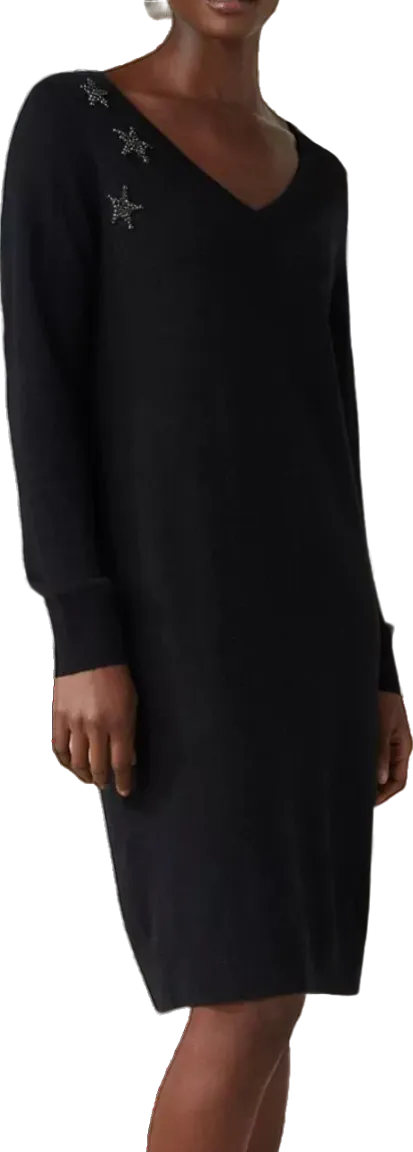 The White Company Black Wool/cotton Blend Embellished Star Party Knit Dress UK 8
