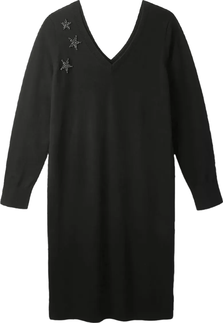 The White Company Black Wool/cotton Blend Embellished Star Party Knit Dress UK 8