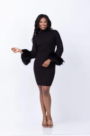 Tyler Boe Sloane Fur Trimmed Knit Dress in Black