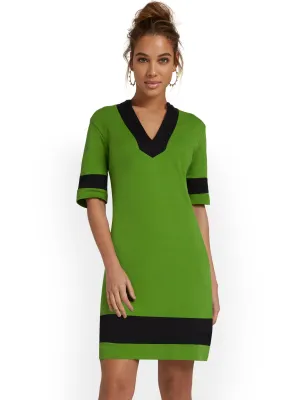 V-Neck Stripe-Accent Shift Dress - City Knits