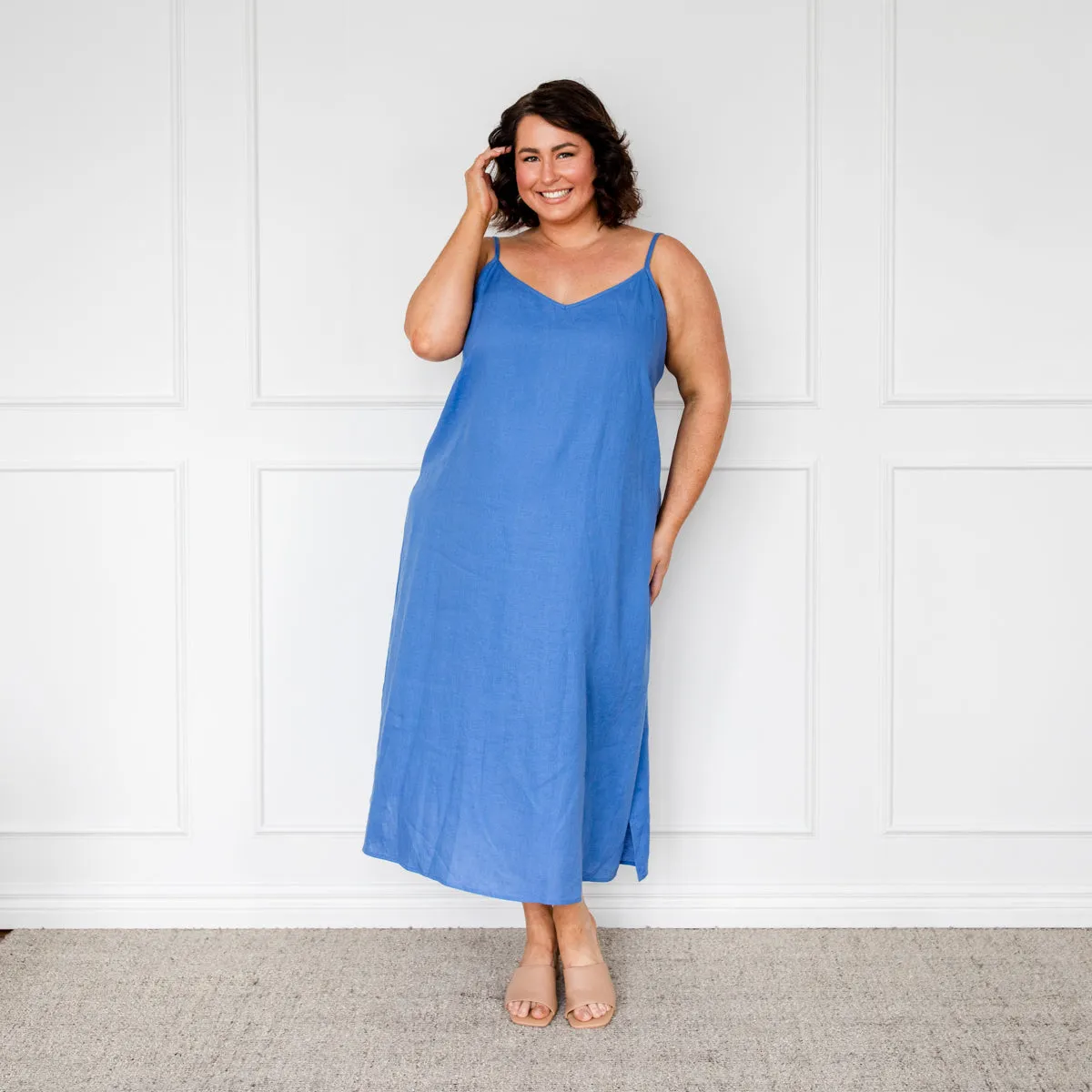 Valyn spaghetti strap linen midi dress - marine blue