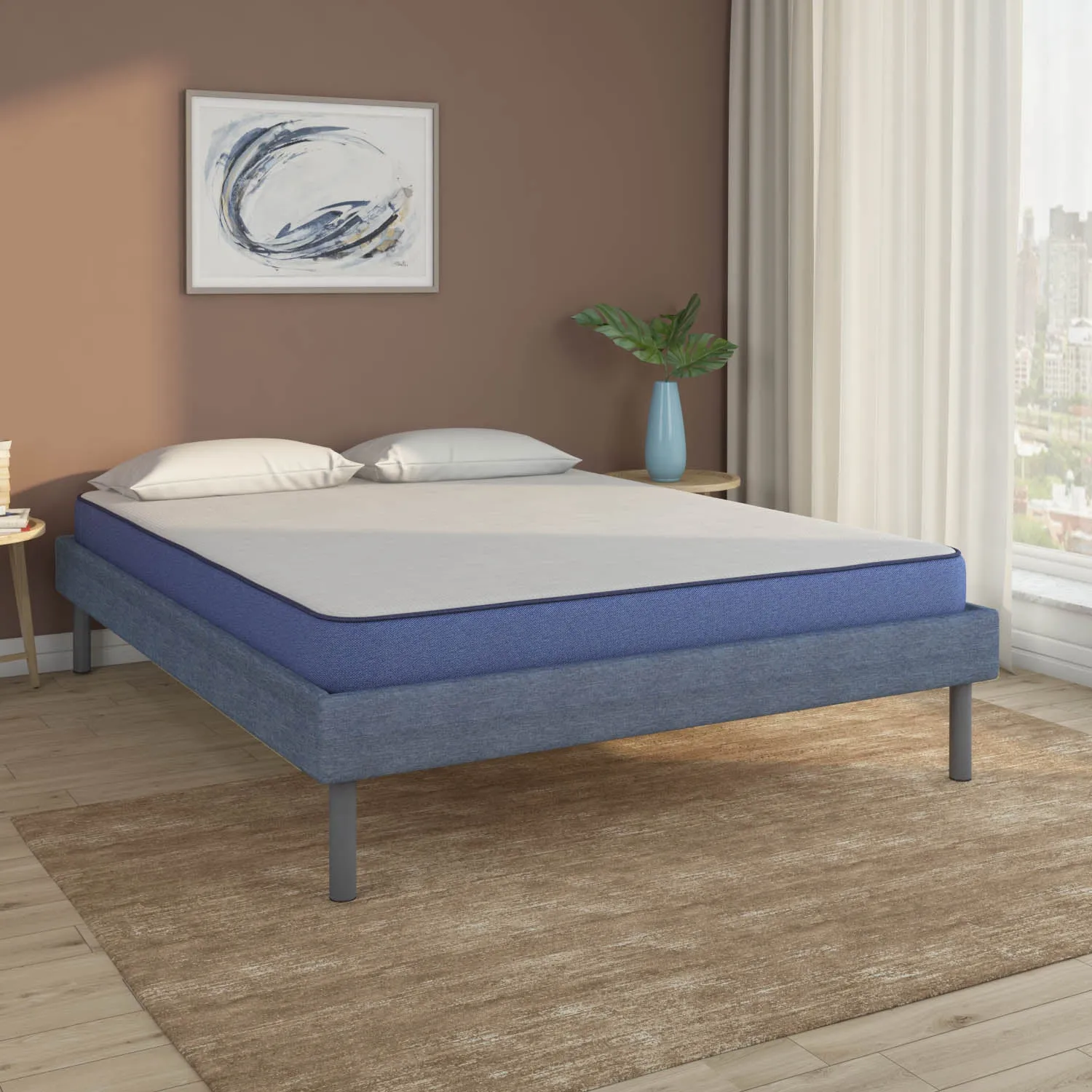 Velvette Upholstered Bed (Blue)   Plus Memory Foam Mattress (Queen)
