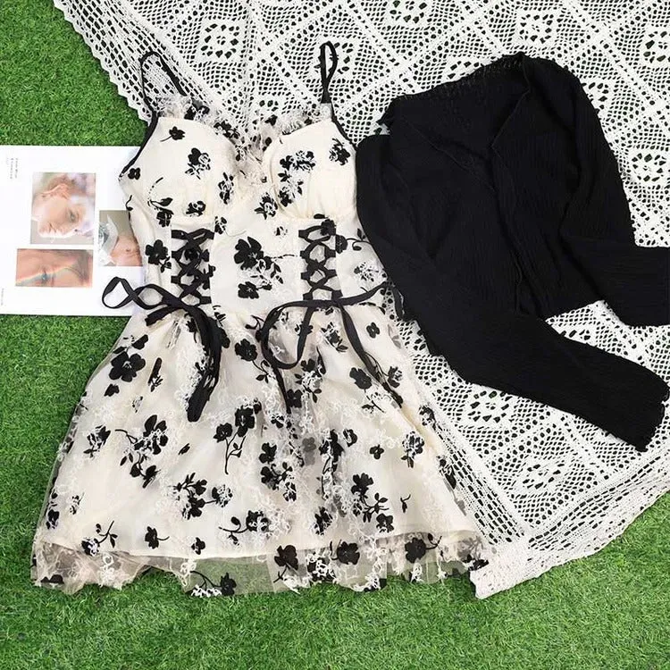 Vintage Floral Lace-Up Slip Dress and Cardigan Ensemble