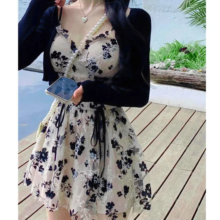 Vintage Floral Lace-Up Slip Dress and Cardigan Ensemble