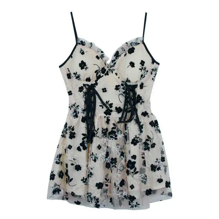 Vintage Floral Lace-Up Slip Dress and Cardigan Ensemble