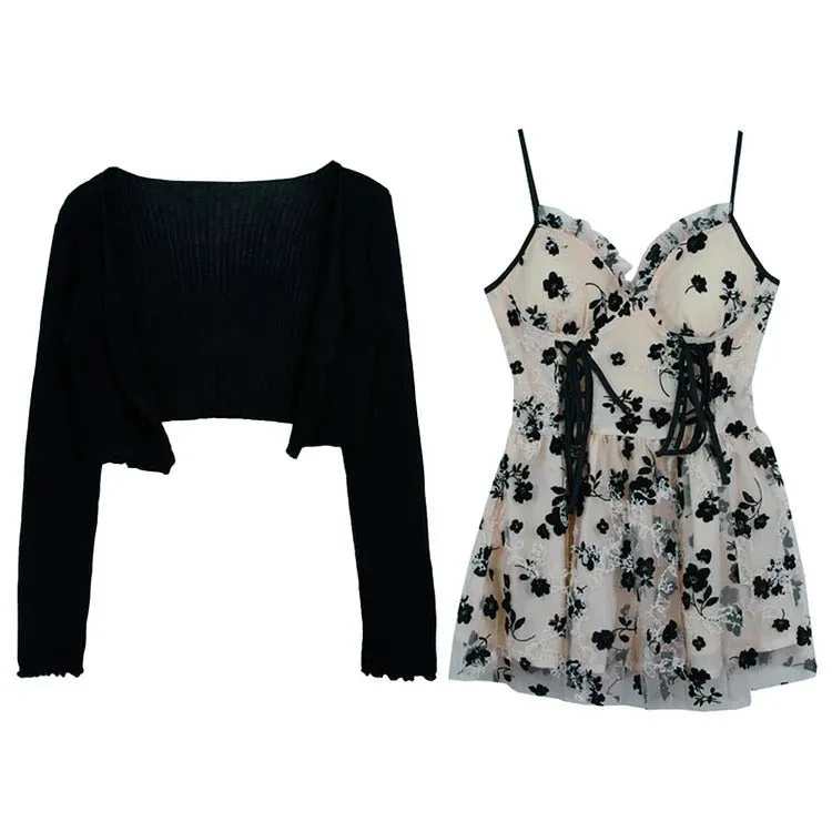 Vintage Floral Lace-Up Slip Dress and Cardigan Ensemble