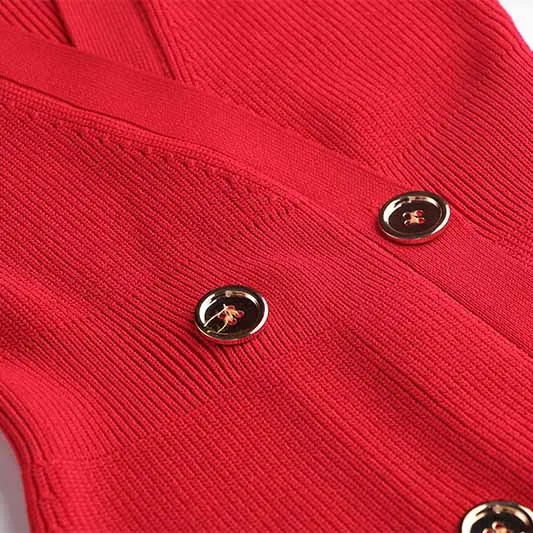 Women Ribbed-knit Red Minidress Short-sleeve Dress V-neck Cockail Dress