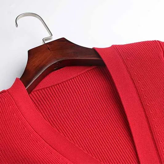 Women Ribbed-knit Red Minidress Short-sleeve Dress V-neck Cockail Dress