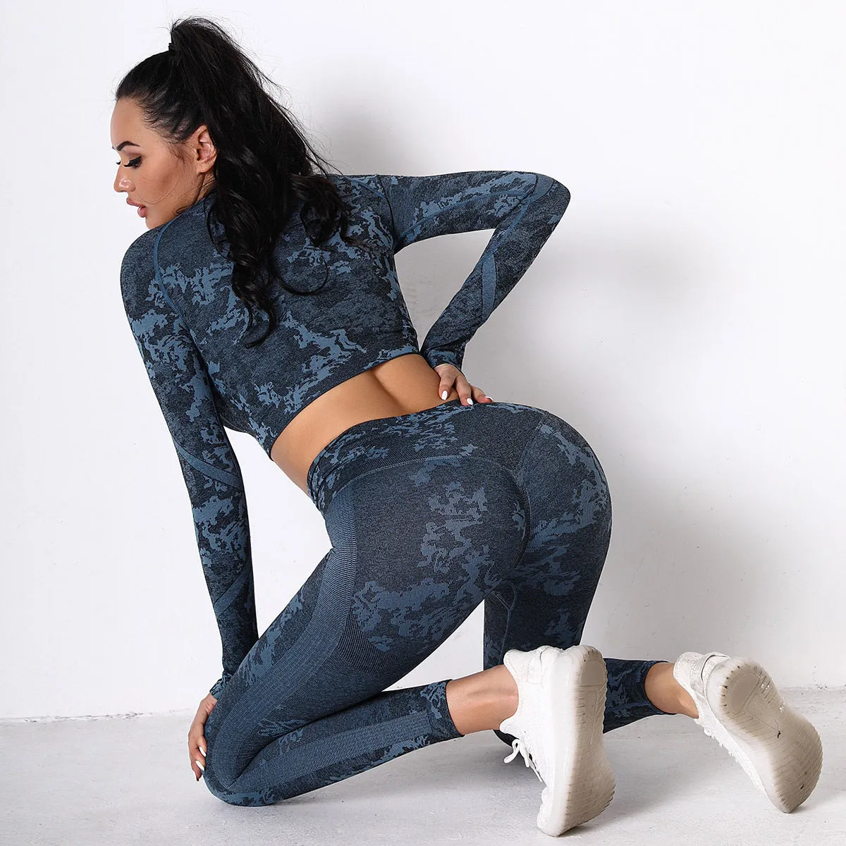 Yoga Clothes Women Seamless Knitted Camouflage Corset Yoga Suit High Elastic Corset Long Sleeve Yoga Pants Women